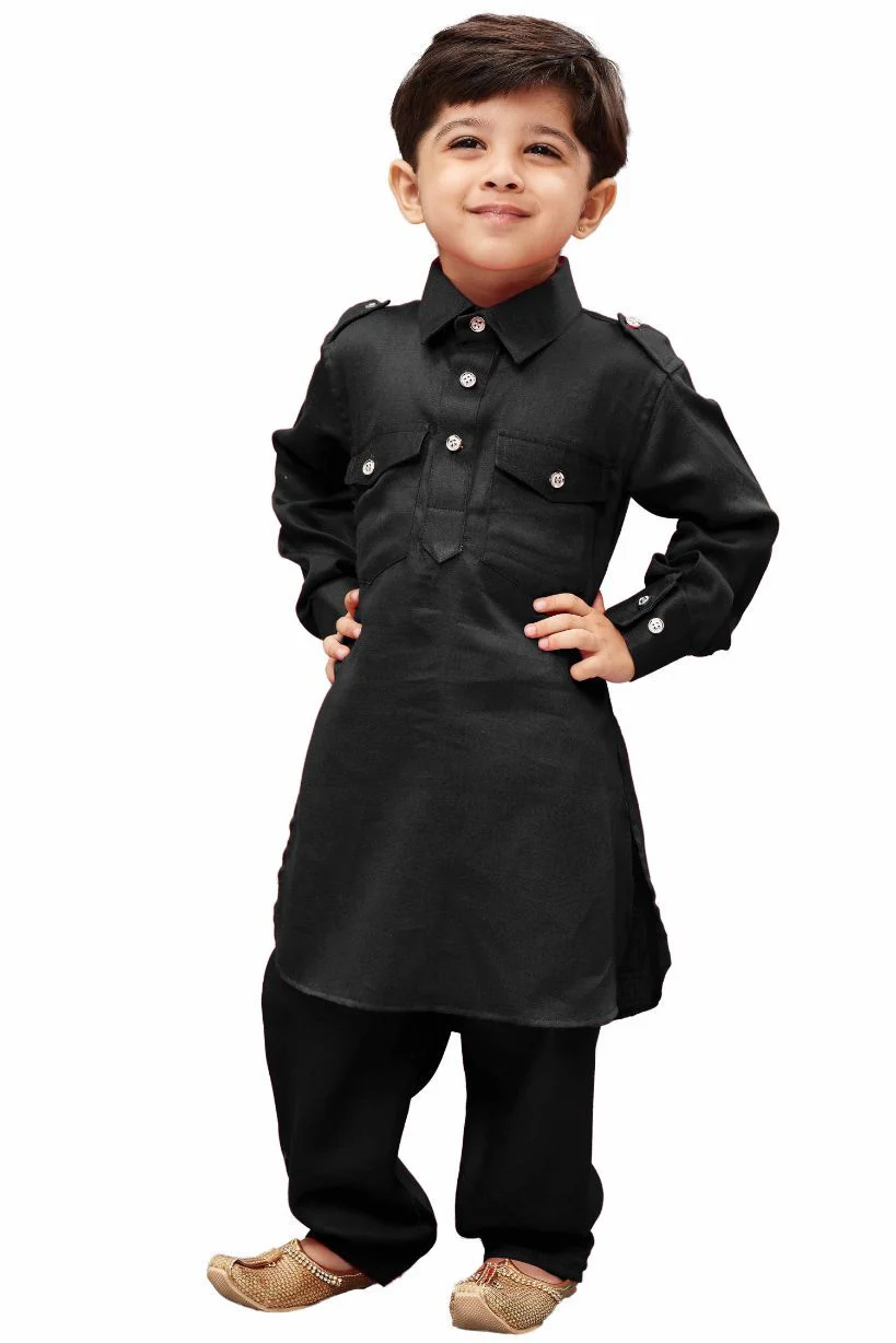 Boys' Black Cotton Pathani Kurta - Image 4