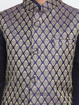 Boys' Blue Woven Design Nehru Jacket & Navy Blue Kurta Pyjamas Set - Image 3