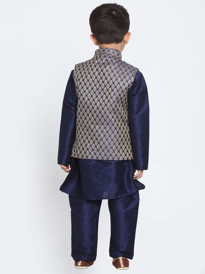 Boys' Blue Woven Design Nehru Jacket & Navy Blue Kurta Pyjamas Set - Image 4