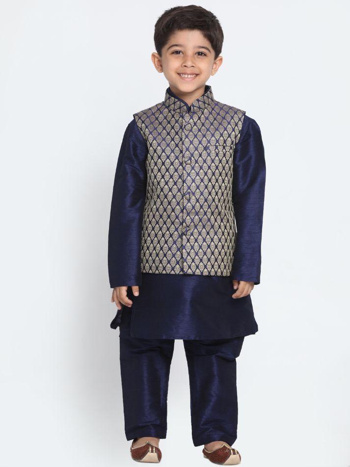 Boys' Blue Woven Design Nehru Jacket & Navy Blue Kurta Pyjamas Set - Image 6