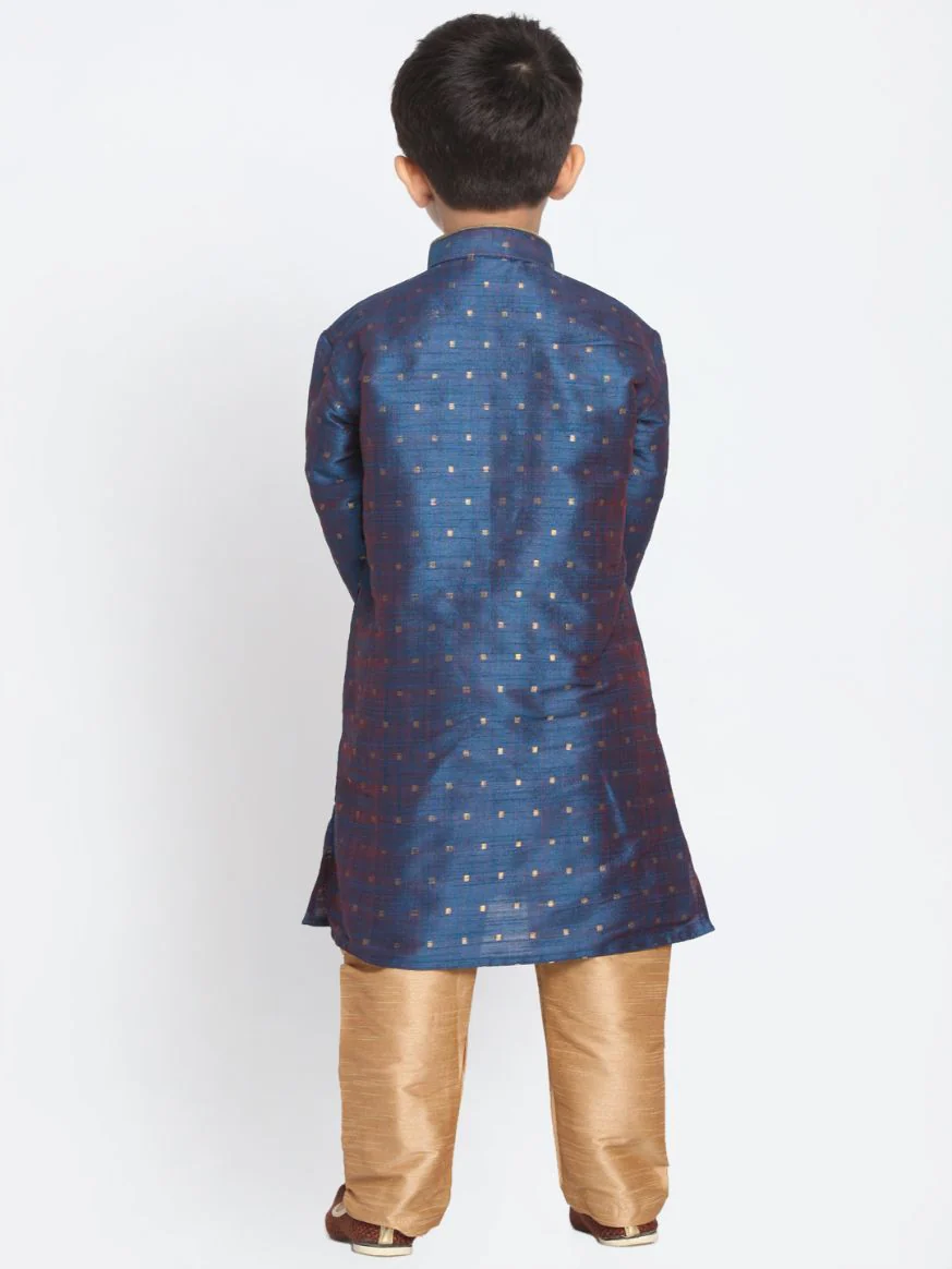 Boys' Dark Blue Cotton Silk Blend Kurta and Pyjama Set - Image 4
