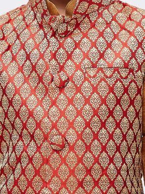 Boys' Gold Silk Cotton Blend Kurta, Waistcoat and Pyjama Set - Image 3