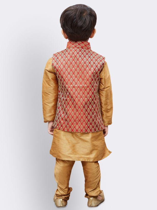 Boys' Gold Silk Cotton Blend Kurta, Waistcoat and Pyjama Set - Image 4