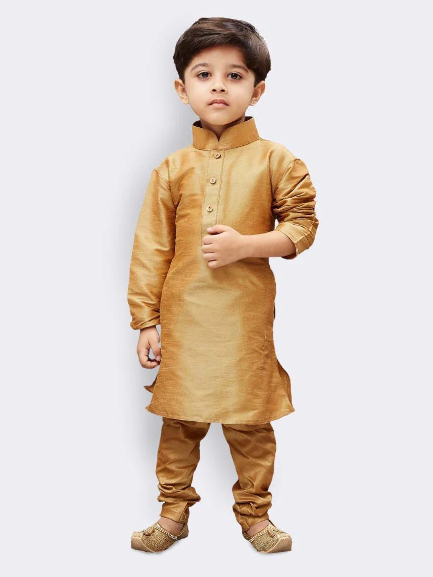 Boys' Gold Silk Cotton Blend Kurta, Waistcoat and Pyjama Set - Image 6