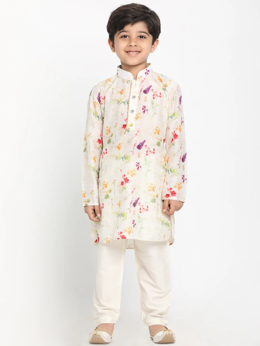 Boy's Printed Cream Cotton Blend Kurta and Pyjama Set - Image 7