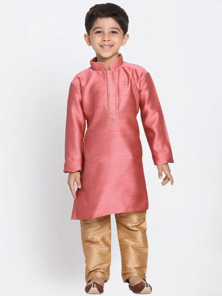 Boys' Pink Cotton Silk Blend Kurta and Pyjama Set - Image 6