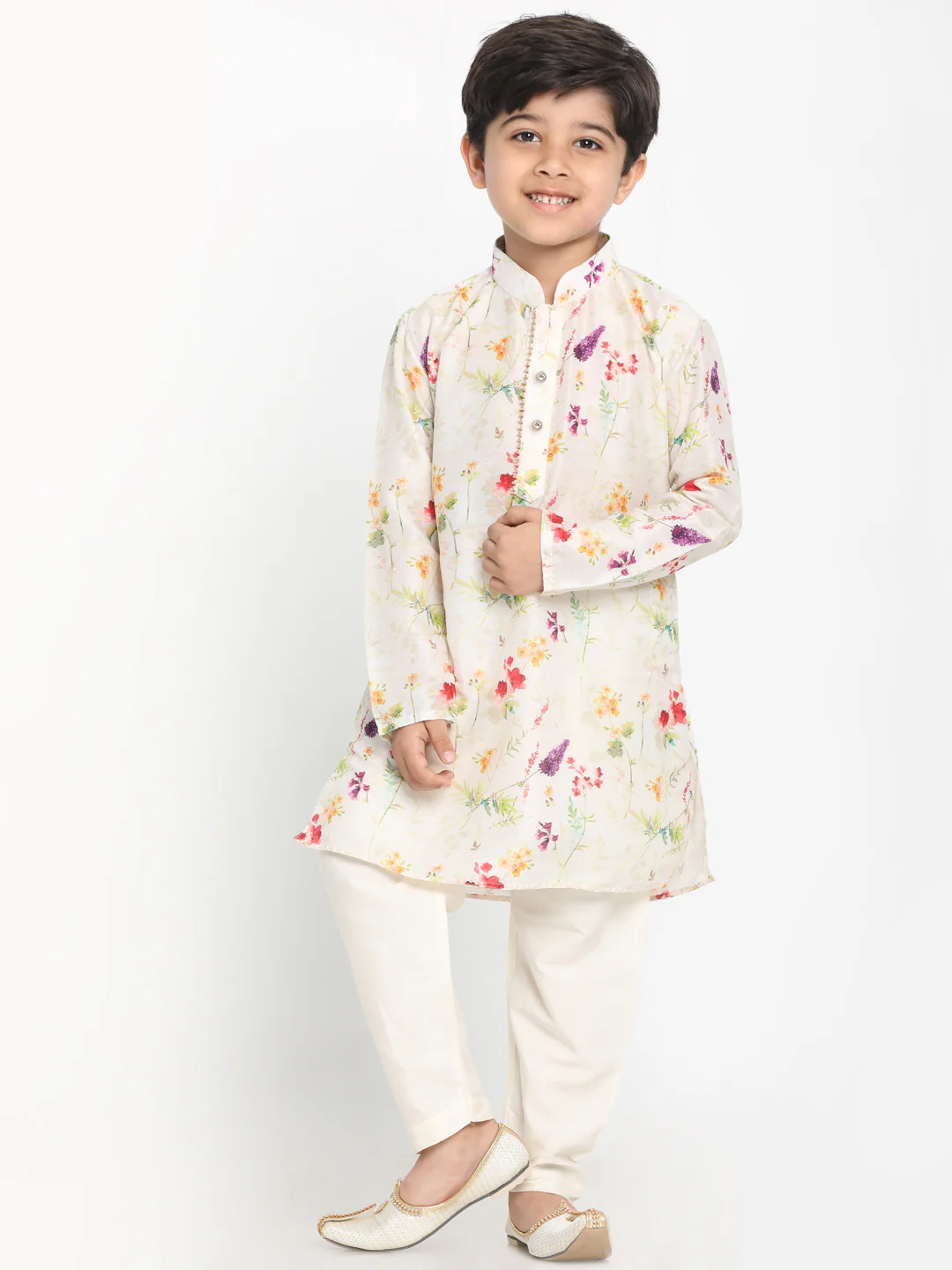 Boy's Multicolor-Base-Cream Cotton Blend Printed Kurta - Image 5