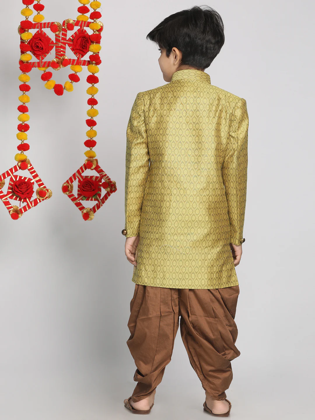 Boy's Yellow Indo Western Jacquard Sherwani And Dhoti Pant Set - Image 3