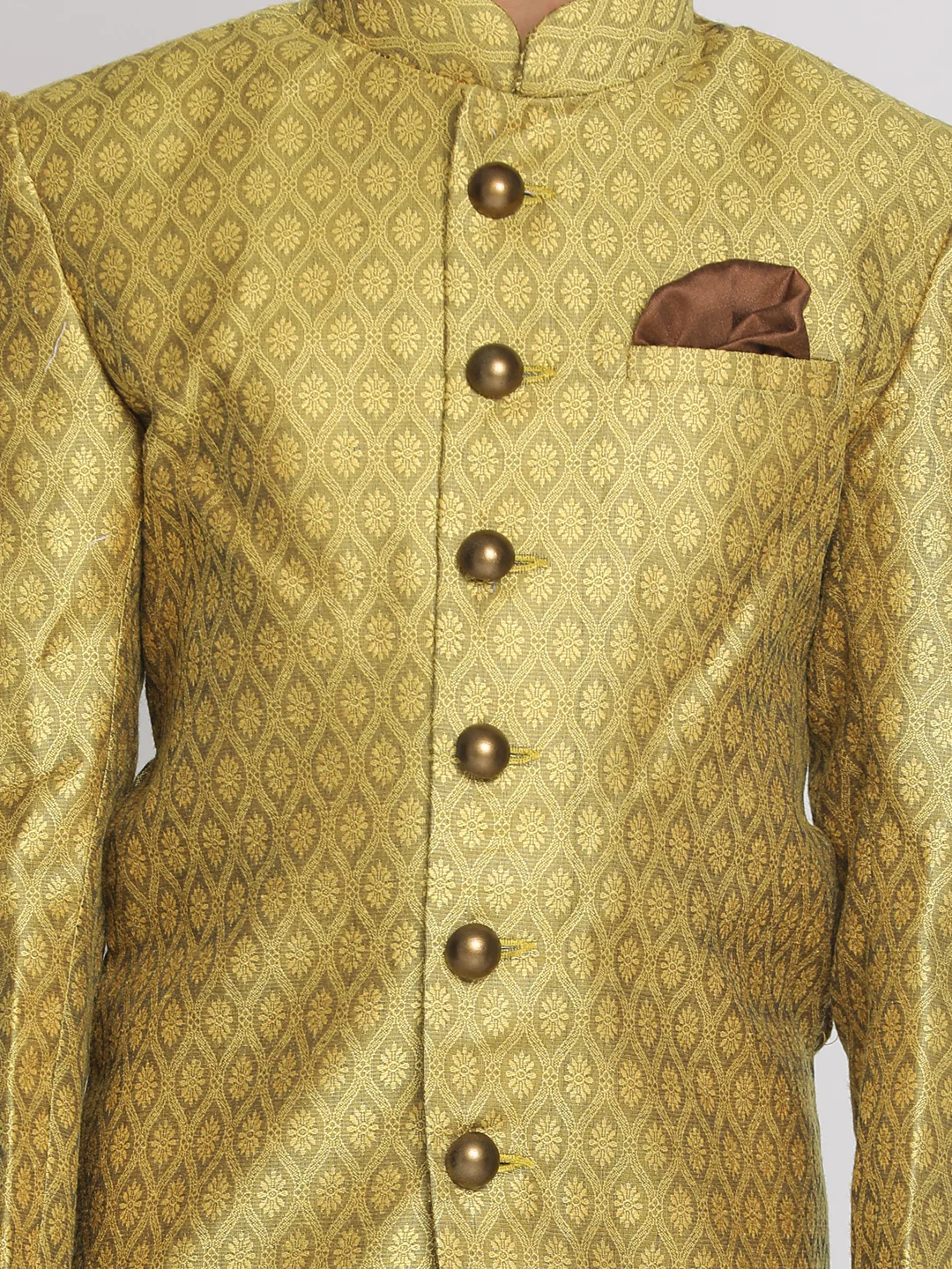 Boy's Yellow Indo Western Jacquard Sherwani And Dhoti Pant Set - Image 4