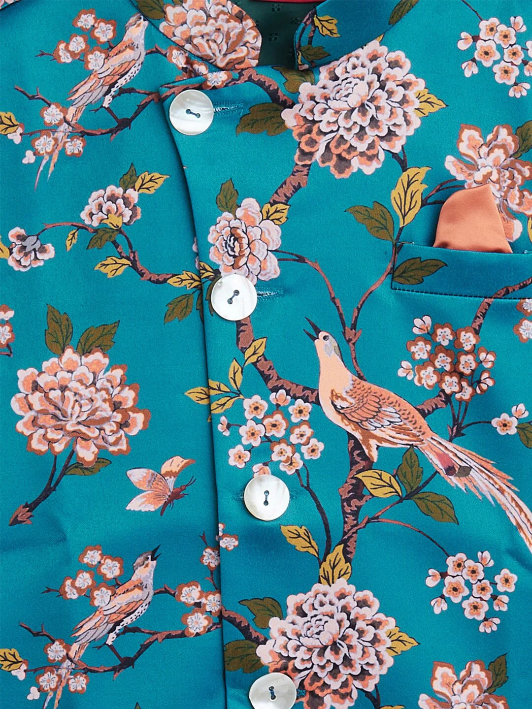 Boy's Turquoise Blue & Green Printed Nehru Jacket - Image 3