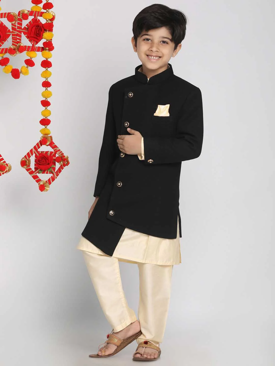 Boy's Black Indo Western Jacket With Kurta And Pyjama Set - Image 6