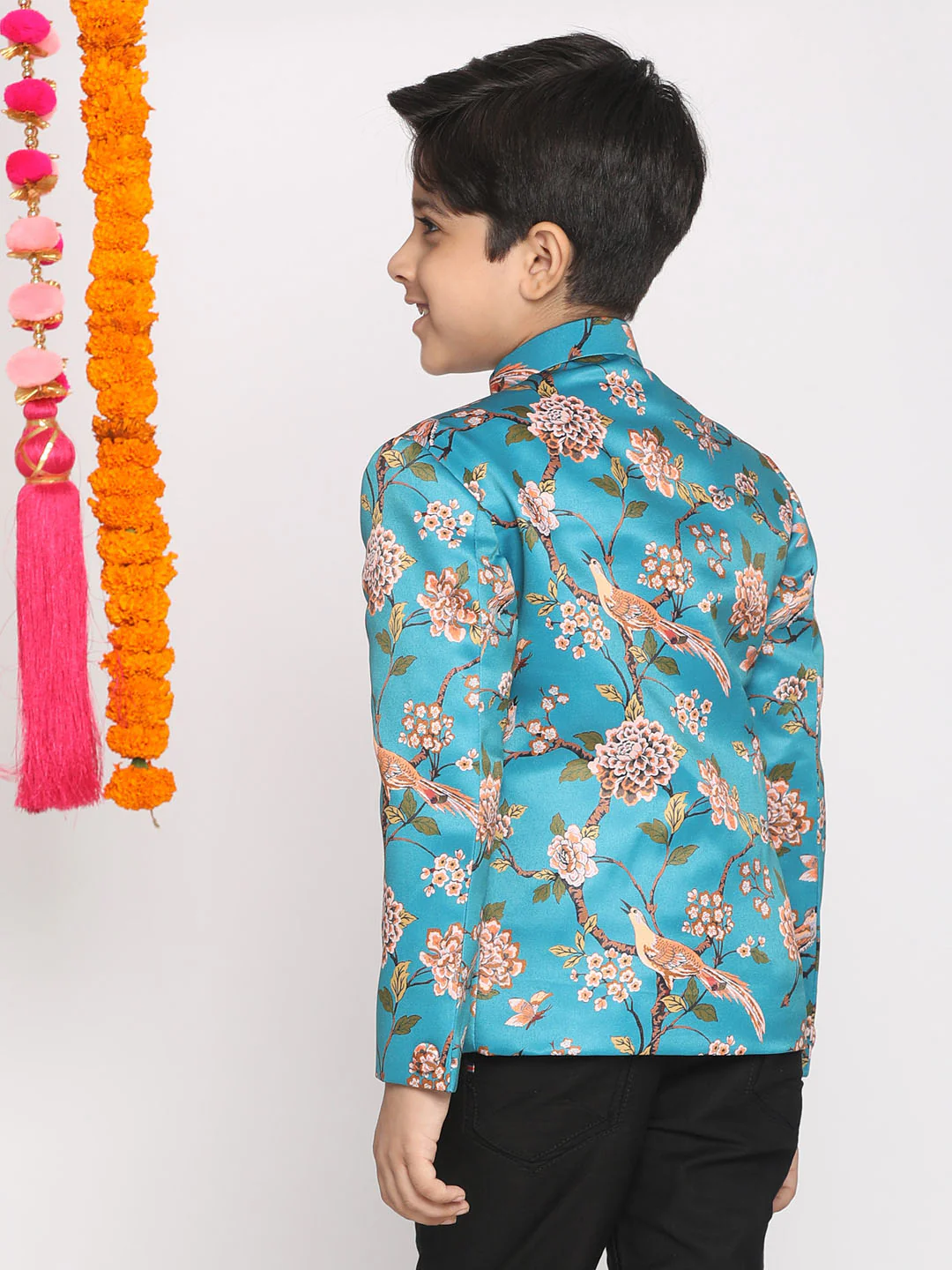 Boy's Turquoise Blue Printed Bandhgala Blazer - Image 3