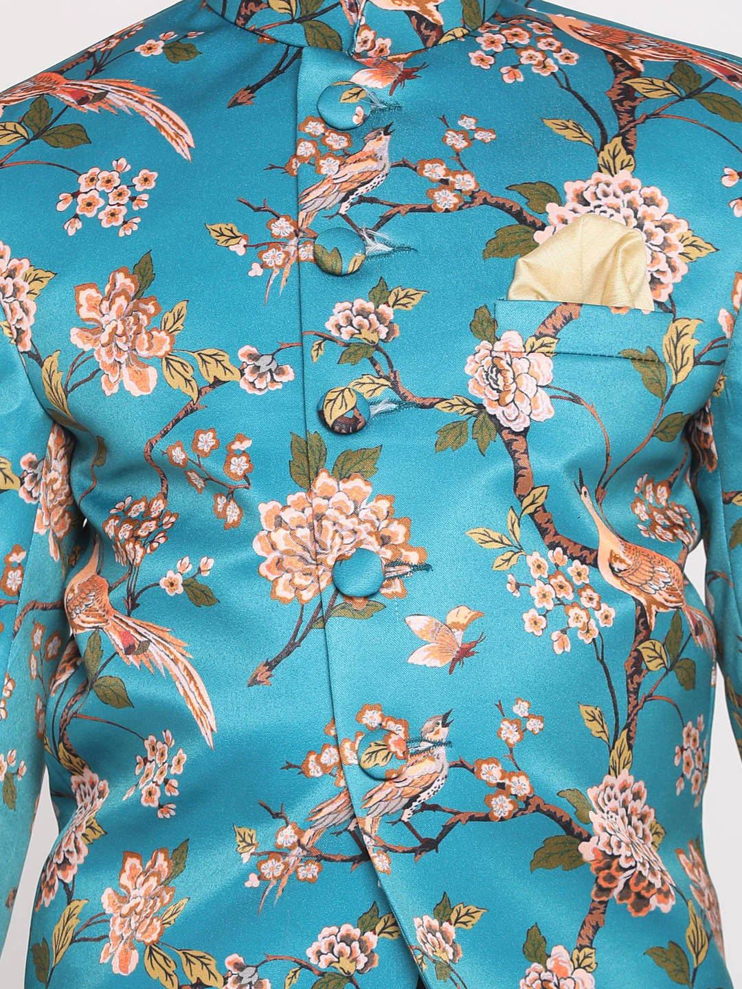 Boy's Turquoise Blue Printed Bandhgala Blazer - Image 4