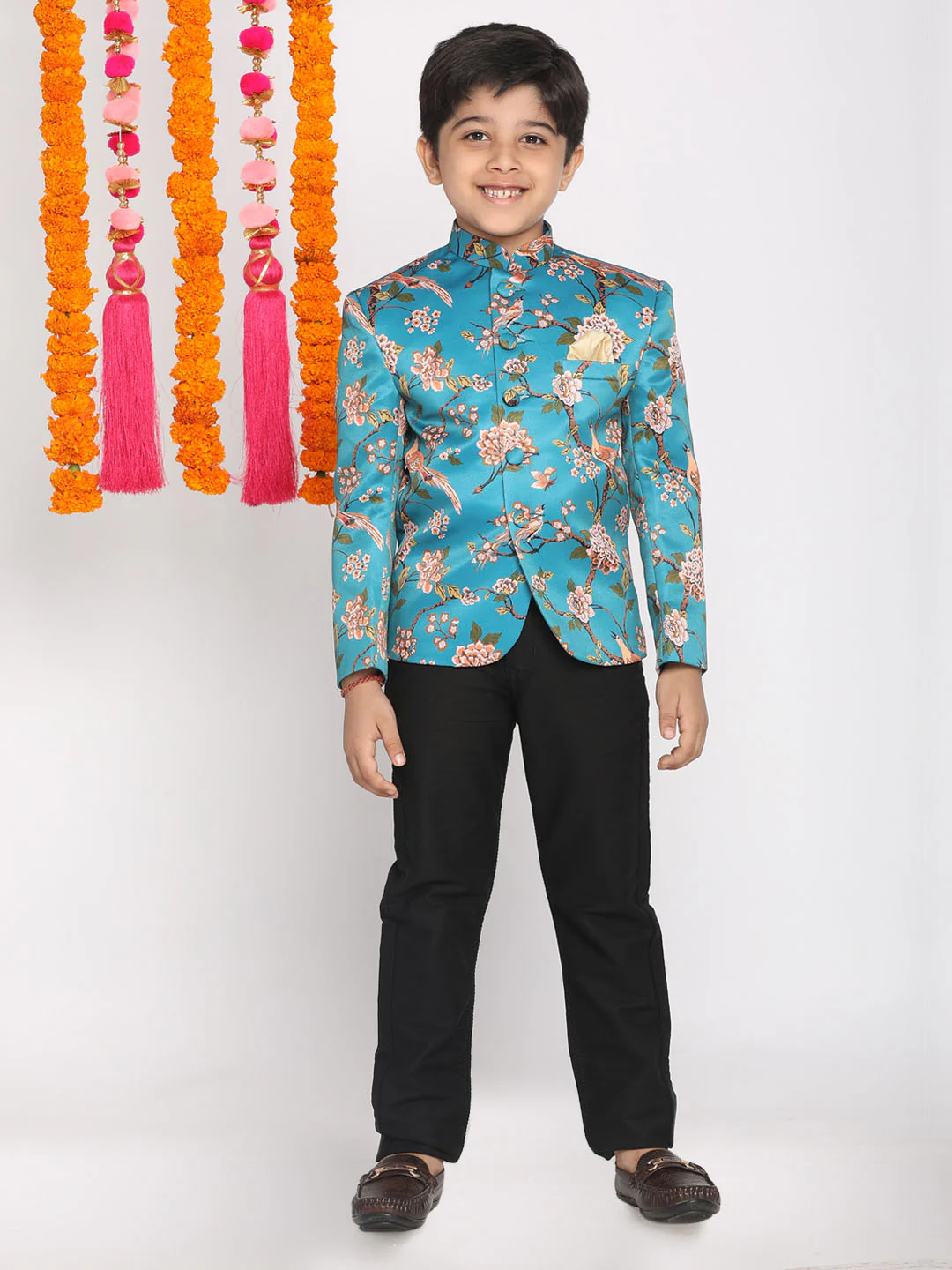 Boy's Turquoise Blue Printed Bandhgala Blazer - Image 5