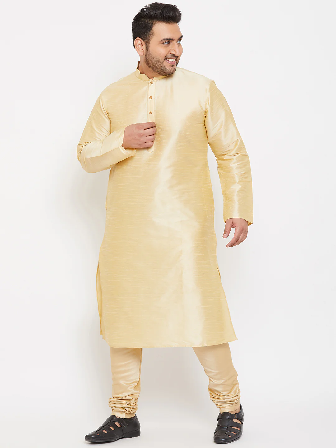Men's Plus Size Golden Silk Blend Kurta Pyjama Set - Image 6