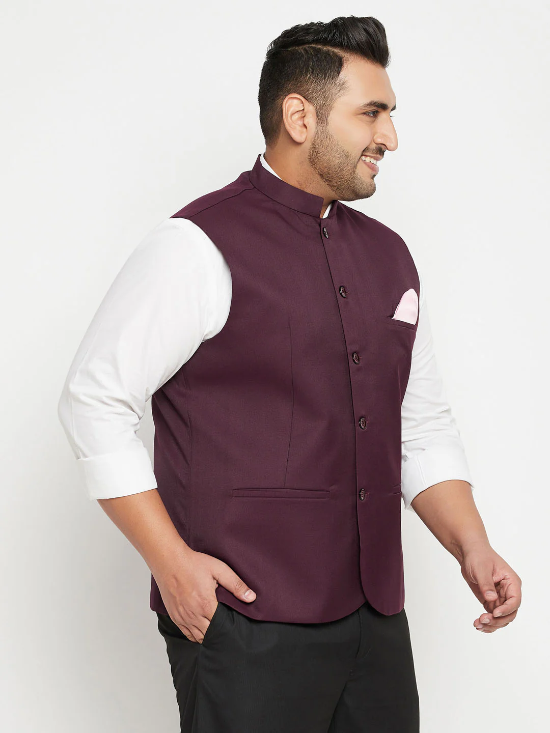 Men's Plus Size Maroon Cotton Blend Nehru Jacket - Image 5