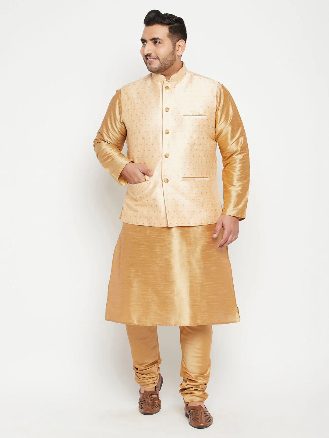 Men's Plus Size Gold Zari Weaved Nehru Jacket - Image 5