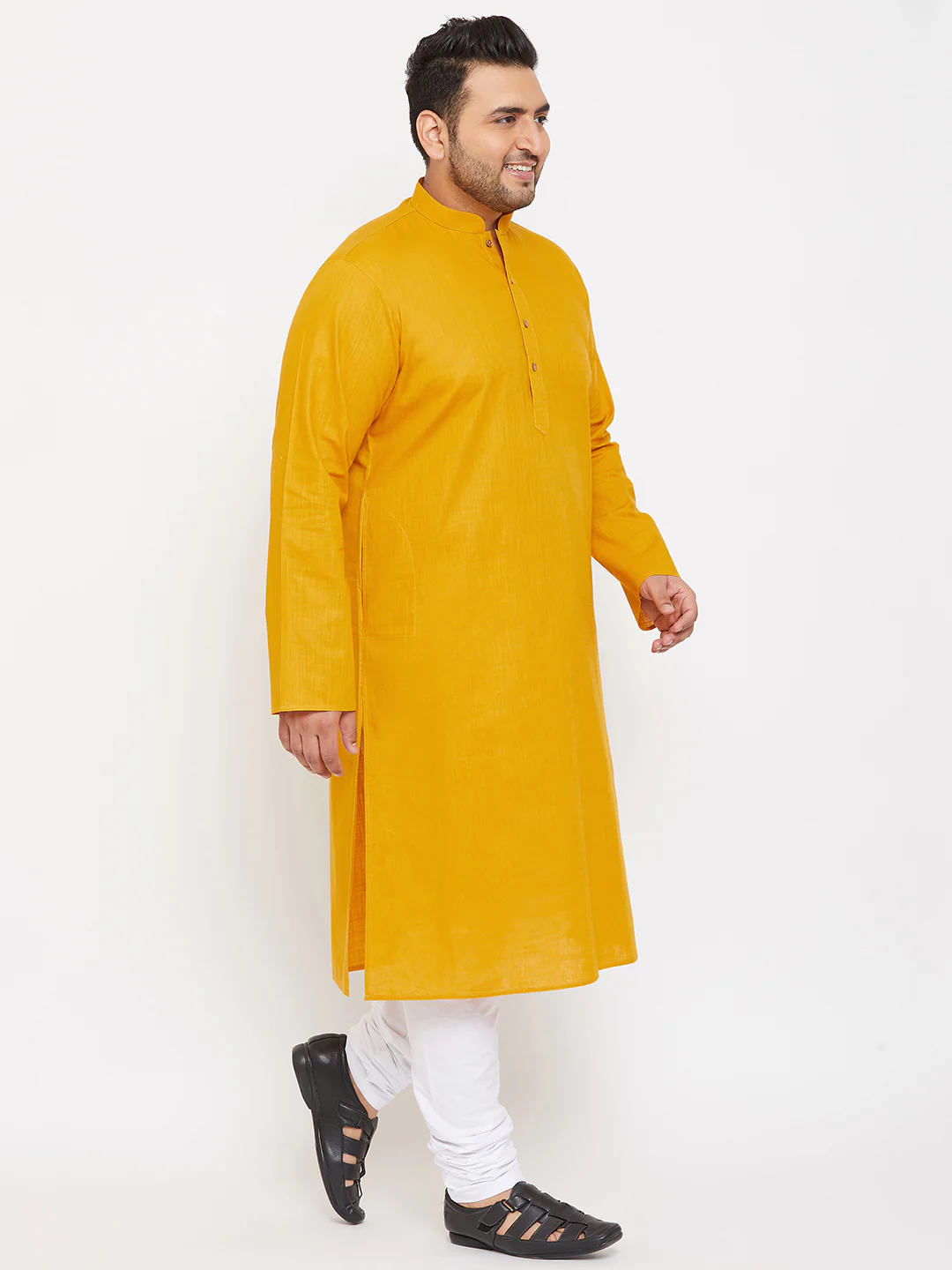 Men's Plus Size Mustard Cotton Kurta And Pyjama Set - Image 6