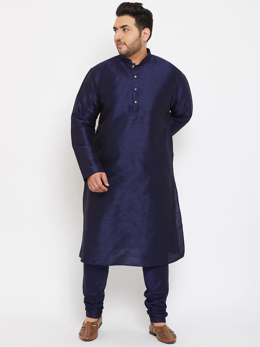 Men's Plus Size Navy Blue Silk Blend Kurta Pyjama Set - Image 6