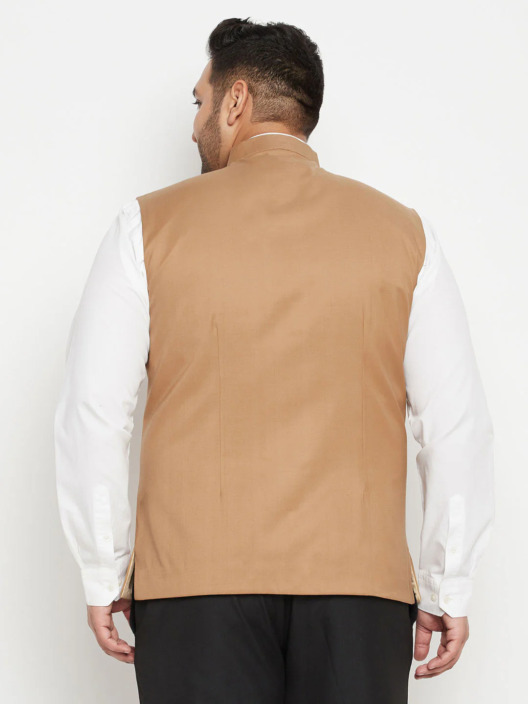 Men's Plus Size Chiku Brown Cotton Blend Nehru Jacket - Image 3