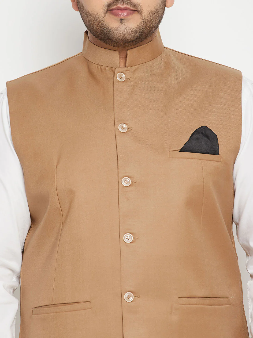 Men's Plus Size Chiku Brown Cotton Blend Nehru Jacket - Image 4