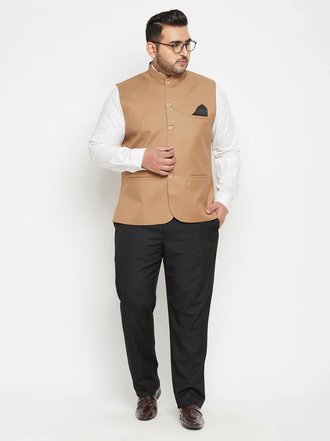 Men's Plus Size Chiku Brown Cotton Blend Nehru Jacket - Image 5