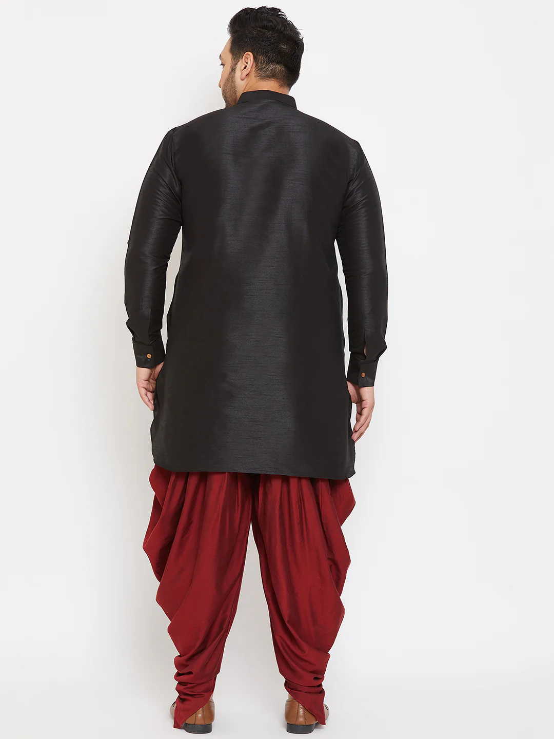 Men's Plus Size Black Silk Blend Curved Kurta Dhoti Set - Image 3