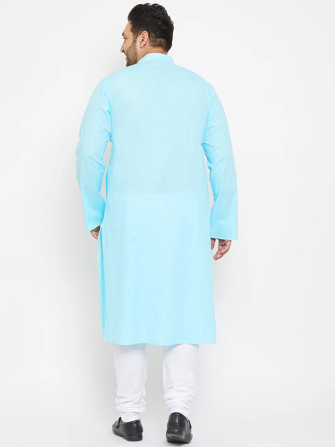 Men's Plus Size Aqua Blue Cotton Kurta And Pyjama Set - Image 3