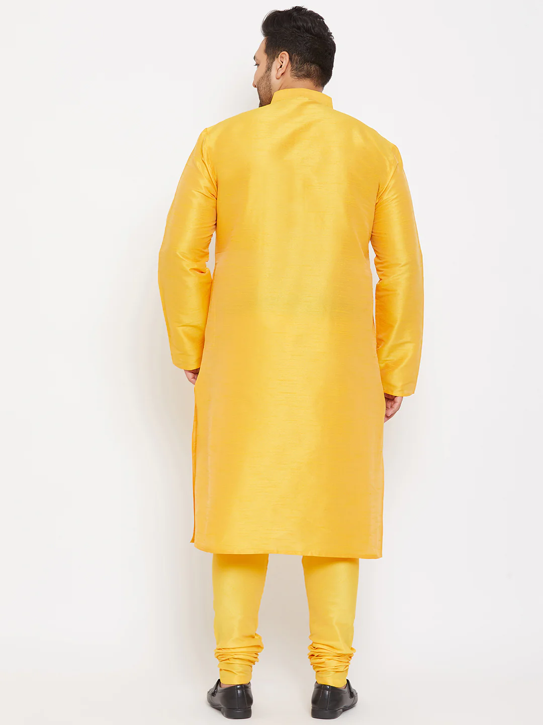 Men's Plus Size Yellow Silk Blend Kurta Pyjama Set - Image 3