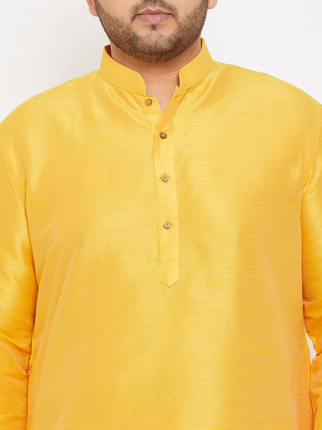 Men's Plus Size Yellow Silk Blend Kurta Pyjama Set - Image 4