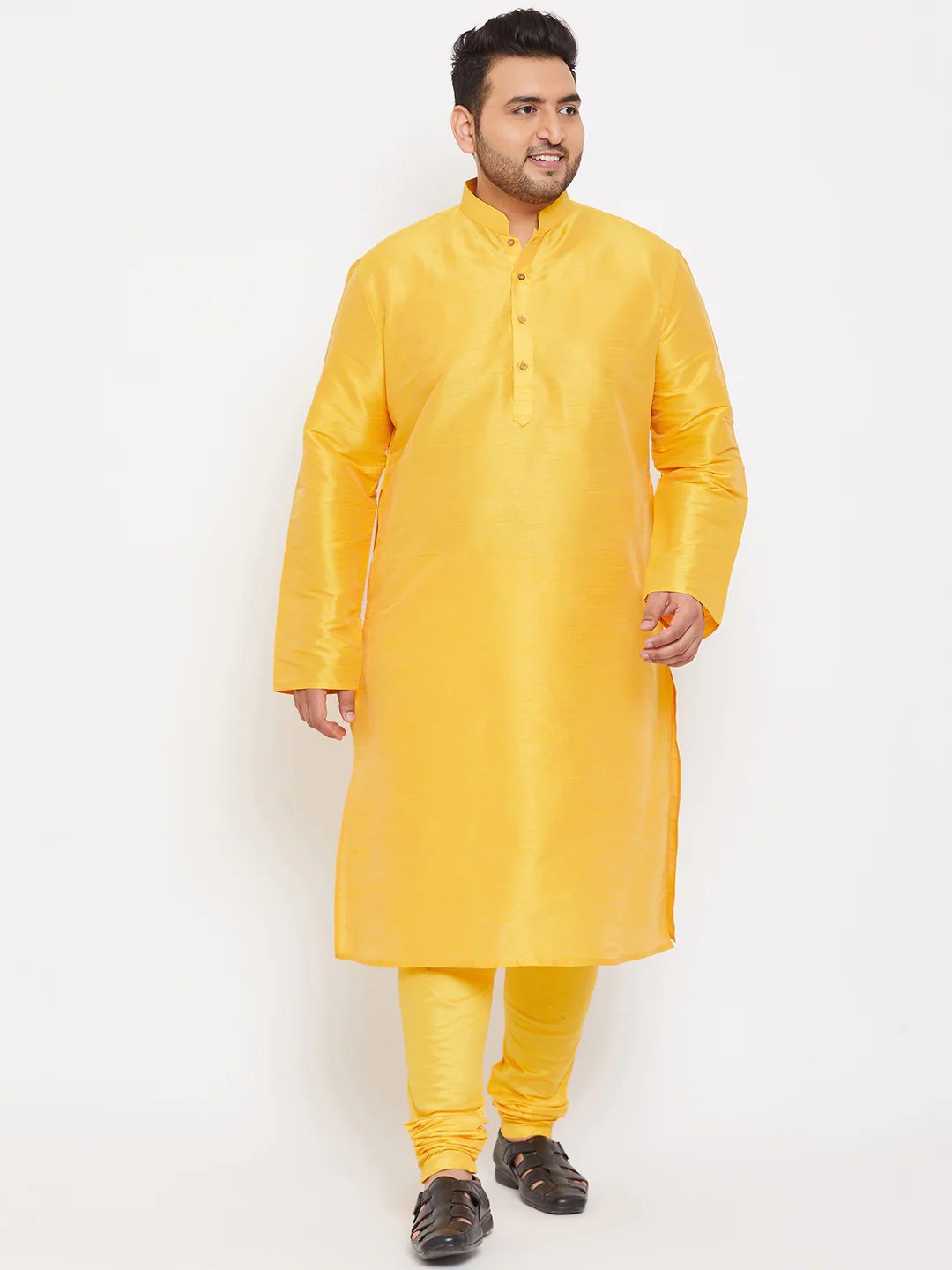 Men's Plus Size Yellow Silk Blend Kurta Pyjama Set - Image 6