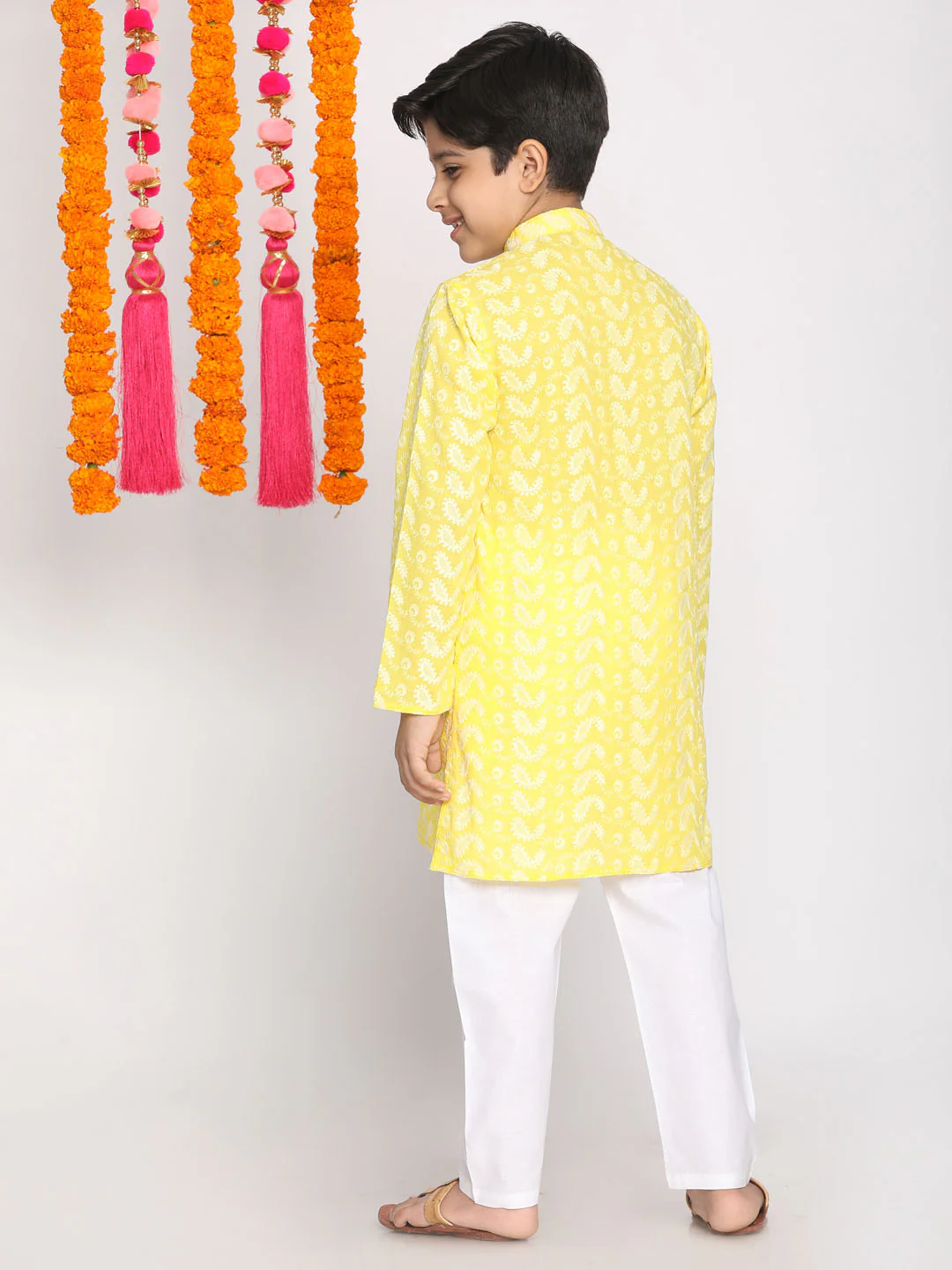 Boy's Mustard And White Kurta Pyjama Set - Image 3