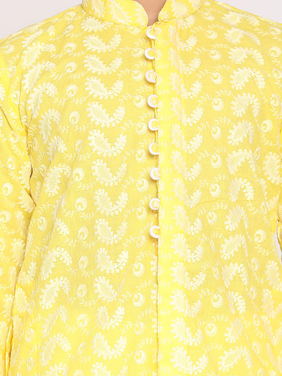 Boy's Mustard And White Kurta Pyjama Set - Image 4