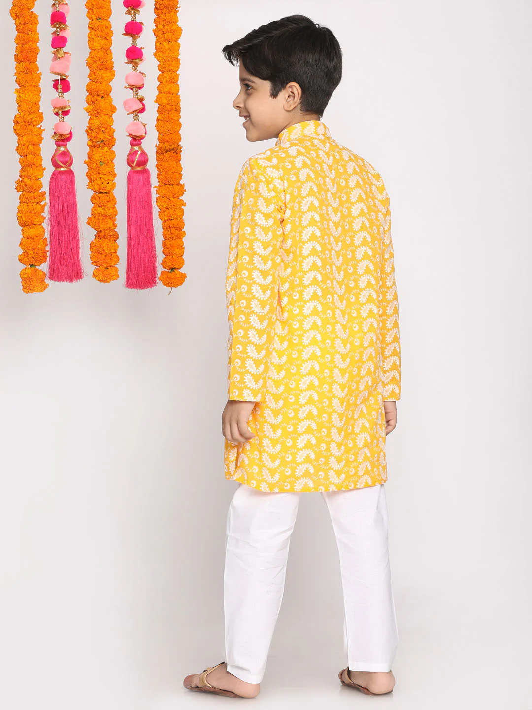 Boy's Orange And White Kurta Pyjama Set - Image 3