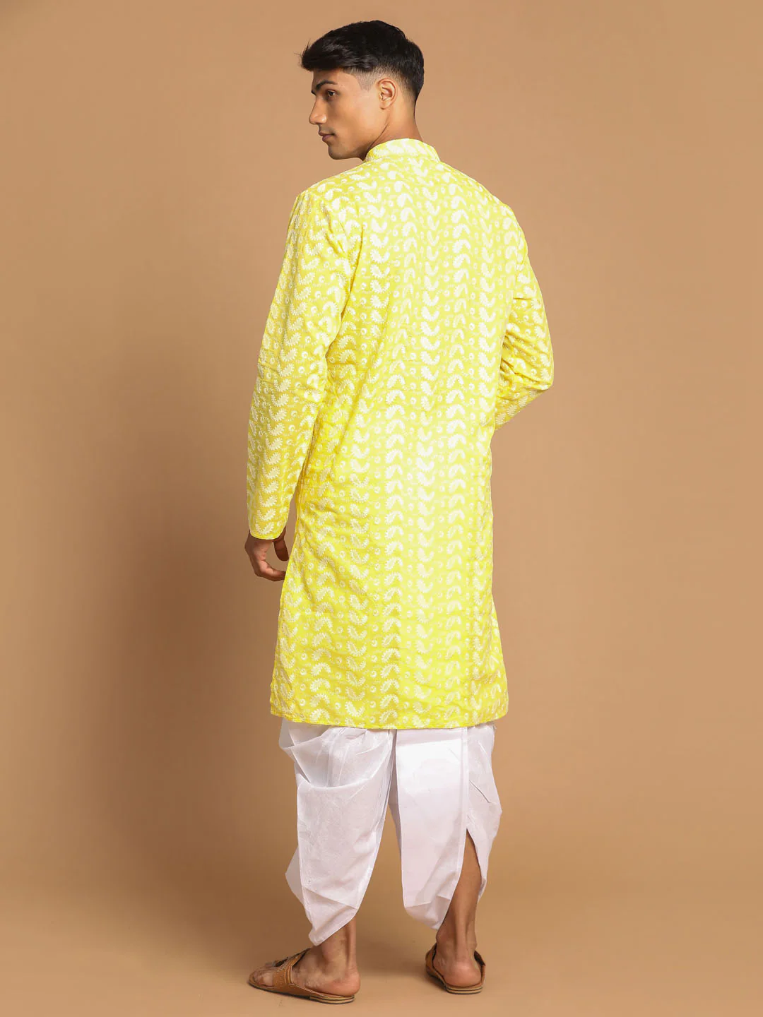 Men's Mustard Pure Cotton Chikankari Kurta With Dhoti Set - Image 3
