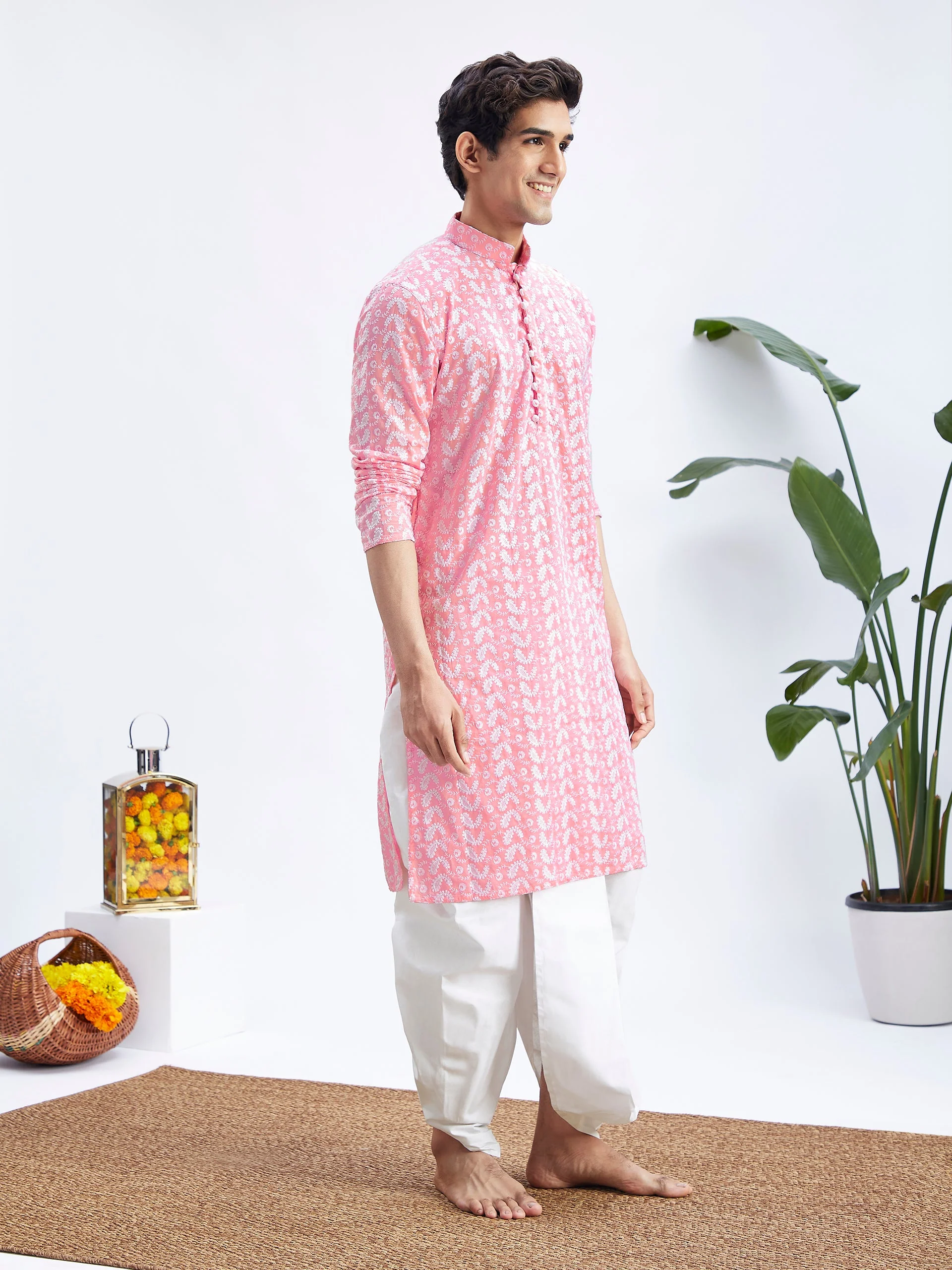 Men's Pink Pure Cotton Chikankari Kurta With Dhoti Set - Image 3