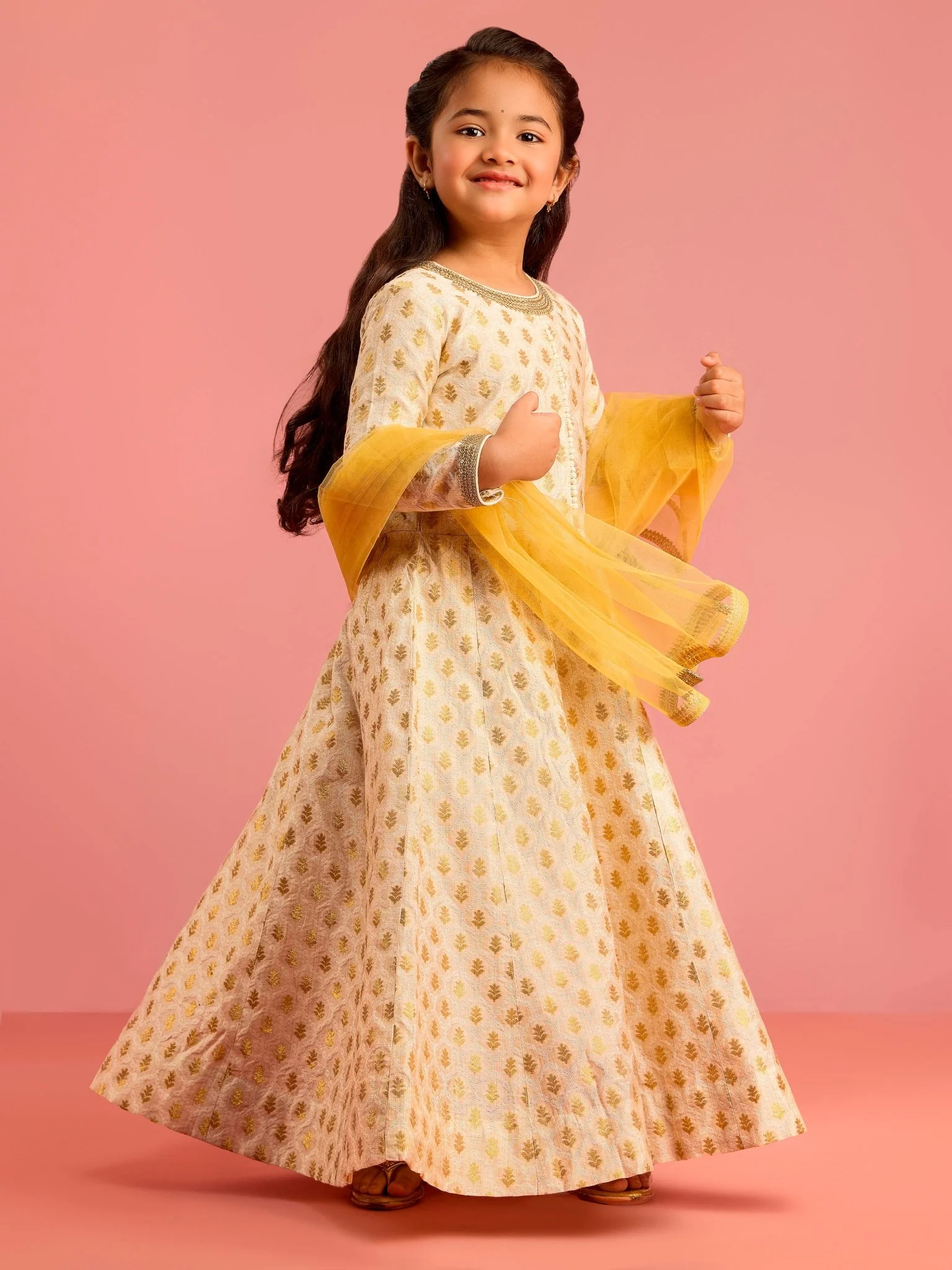 Girls Cream Zari Woven Viscose Anarkali Set with Pant and Chiffon Dupatta - Image 3