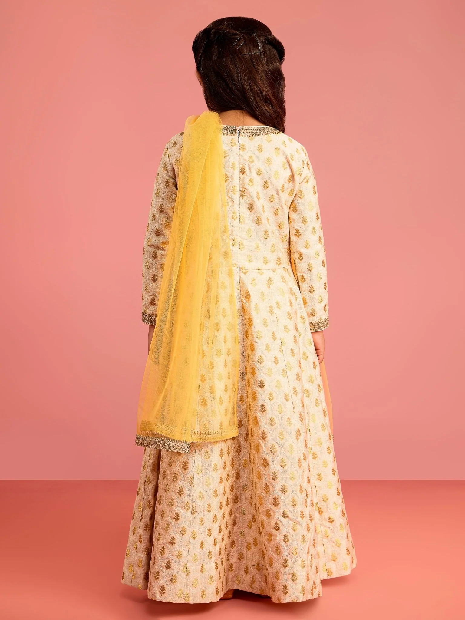 Girls Cream Zari Woven Viscose Anarkali Set with Pant and Chiffon Dupatta - Image 4
