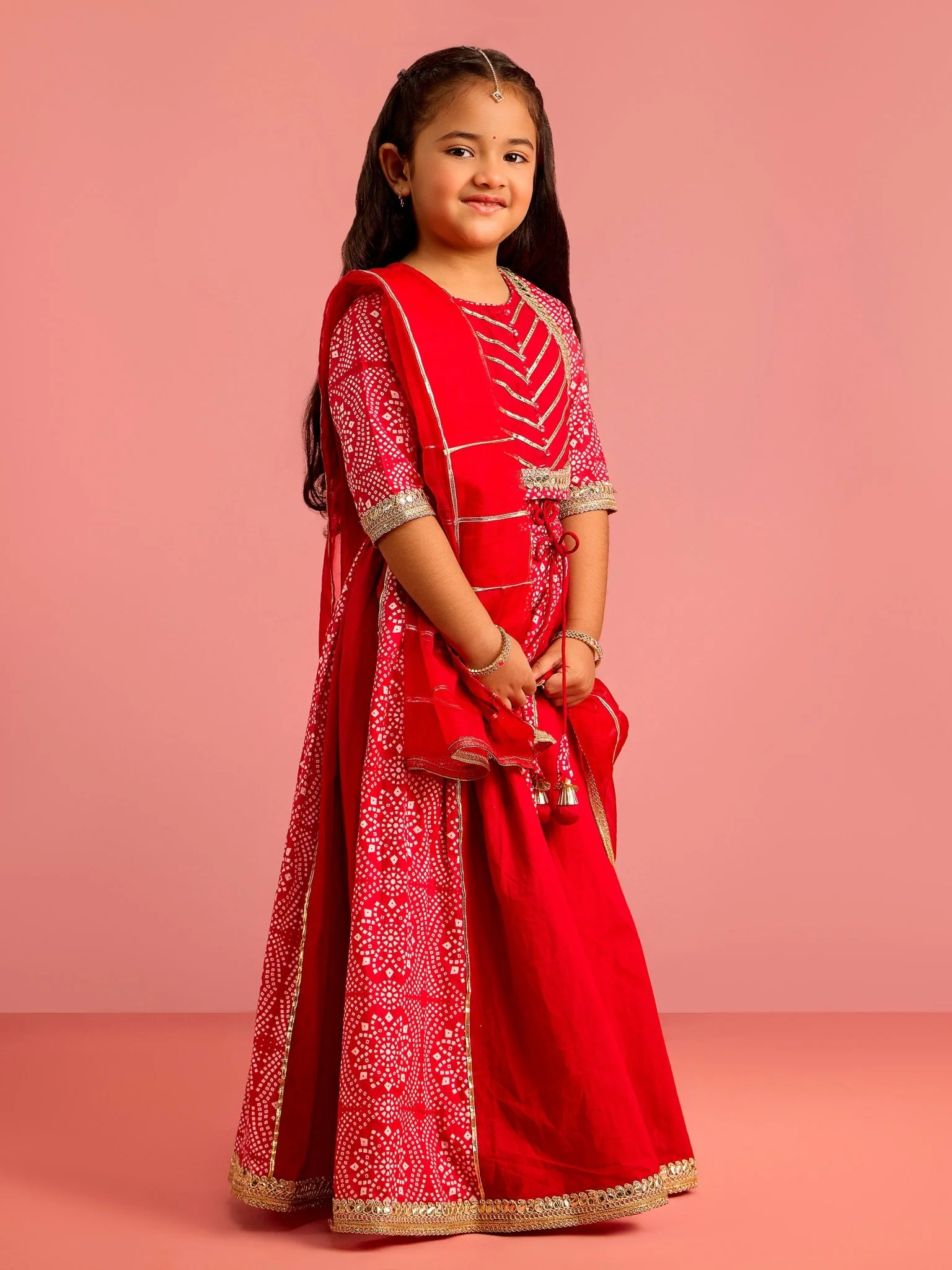 Girls Ethnic Cotton Cambric Red Bandhani Printed Lehenga Choli Set with Organza Dupatta - Image 4