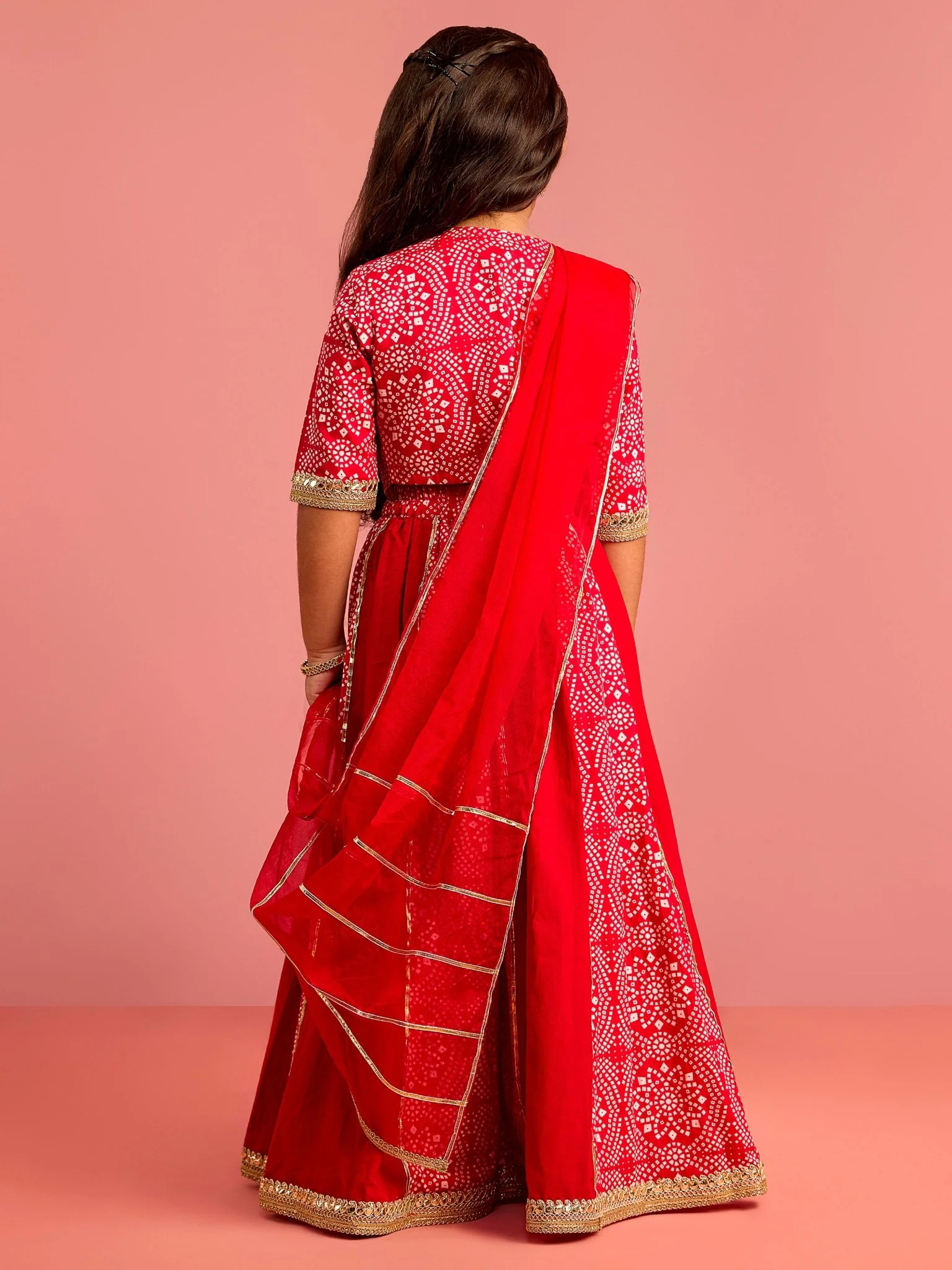 Girls Ethnic Cotton Cambric Red Bandhani Printed Lehenga Choli Set with Organza Dupatta - Image 5