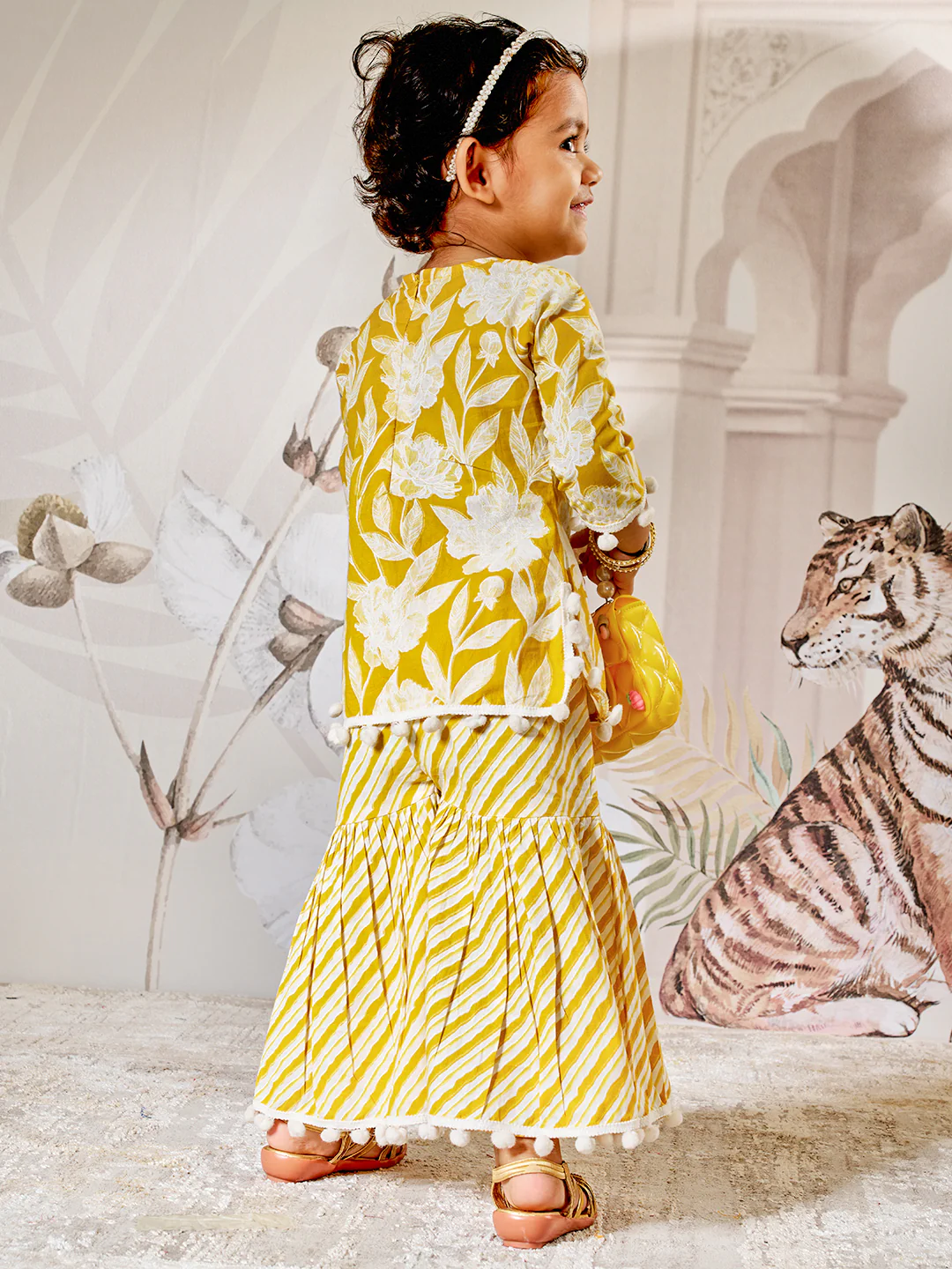 Girl's Yellow White Floral Cotton Kurta Sharara Set With Dupatta - Image 3