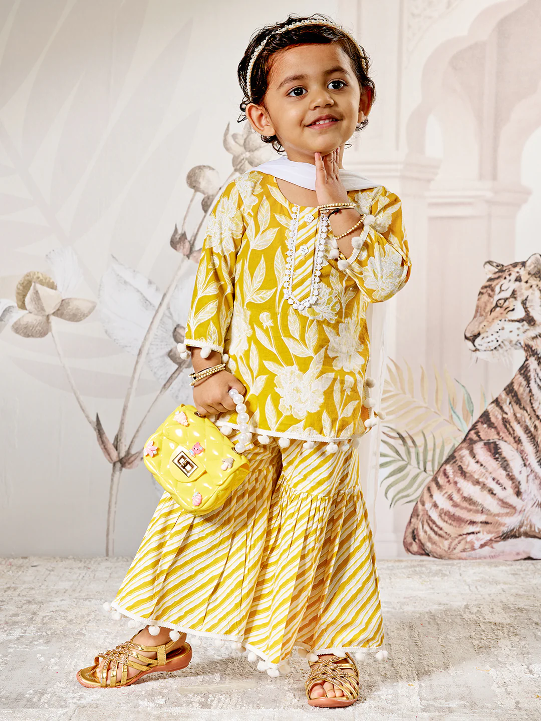 Girl's Yellow White Floral Cotton Kurta Sharara Set With Dupatta - Image 4