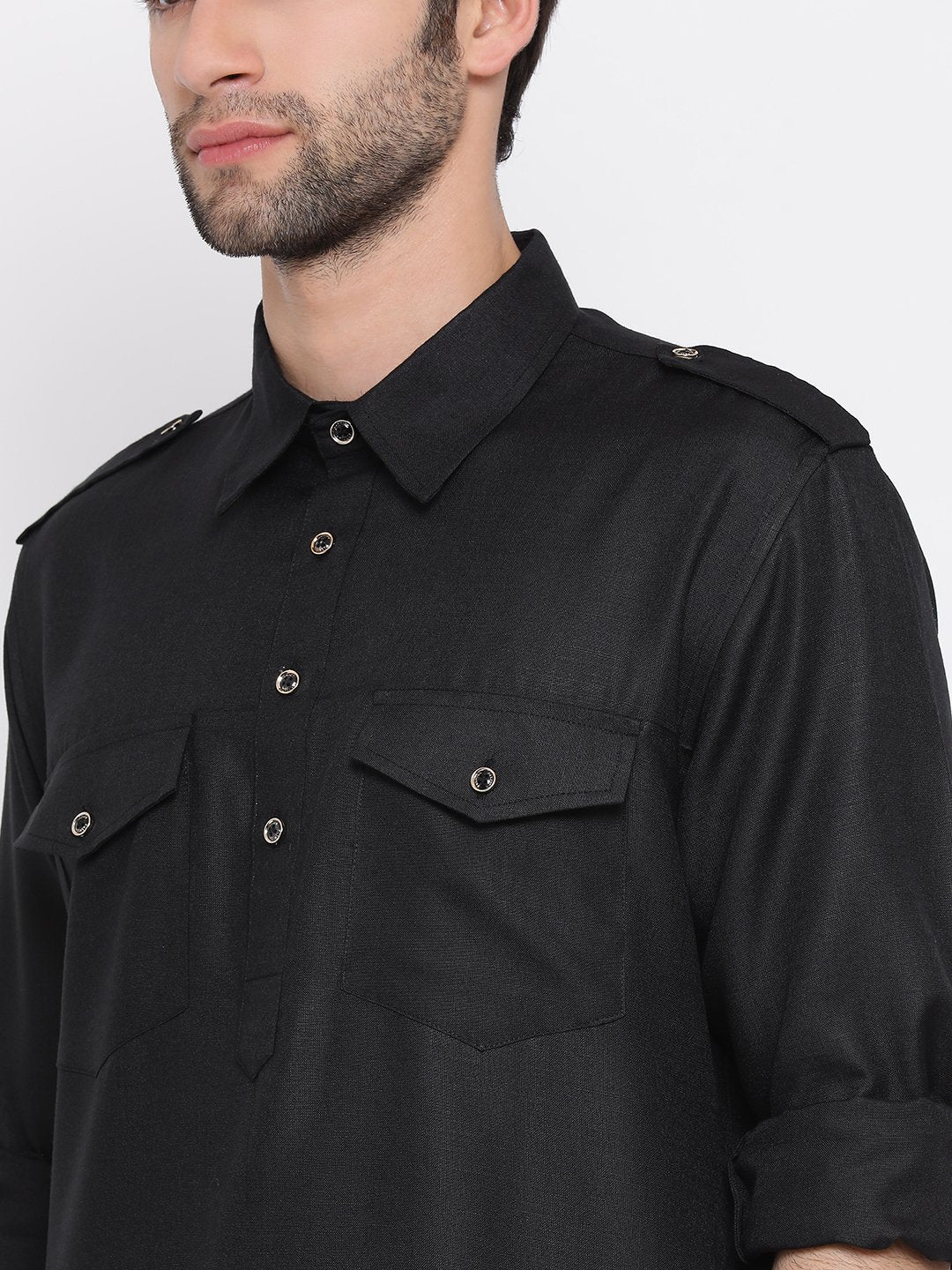Men's Black Cotton Blend Pathani Style Kurta - Image 3