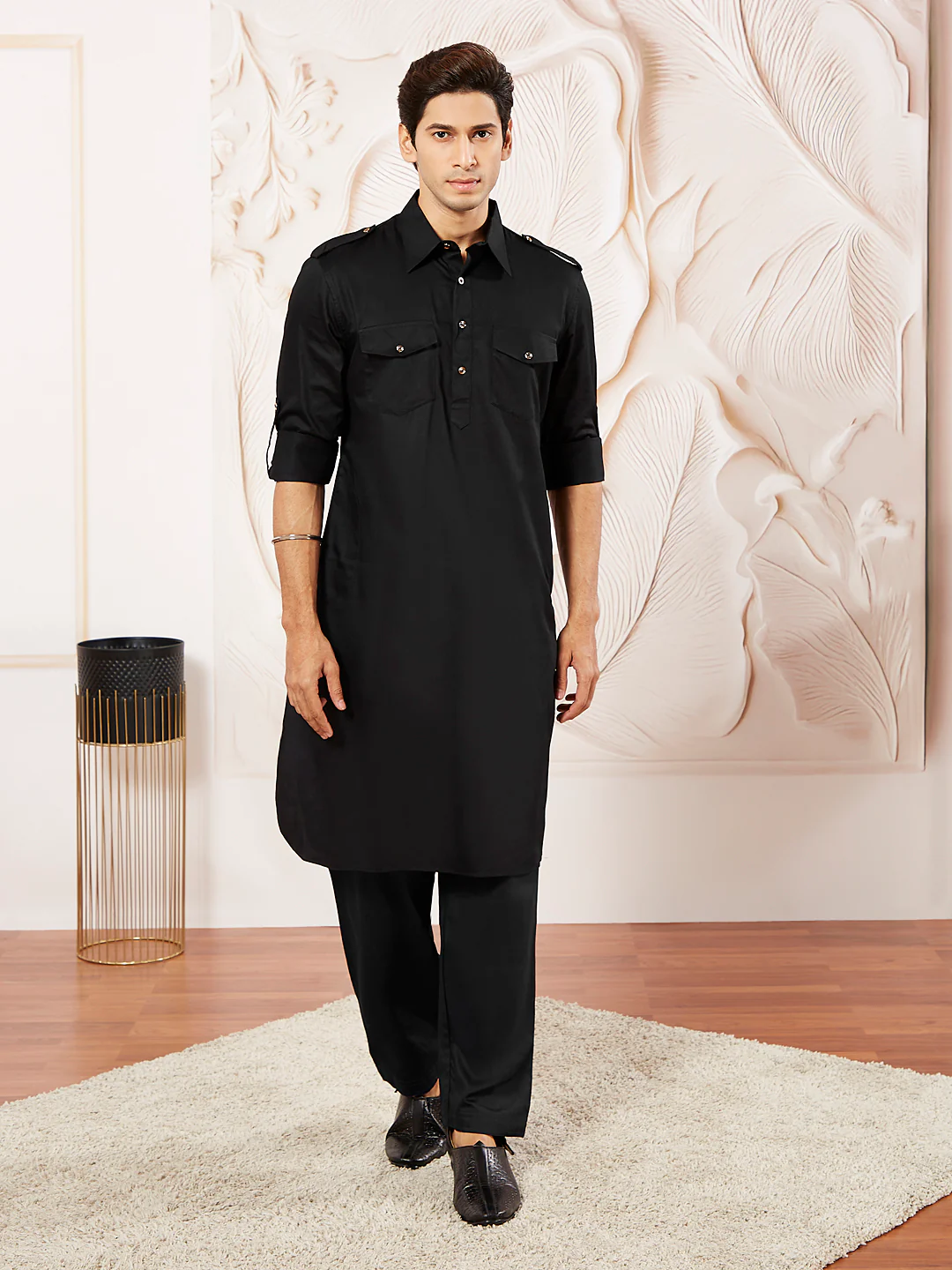 Men's Black Cotton Pathani Suit Set - Image 3