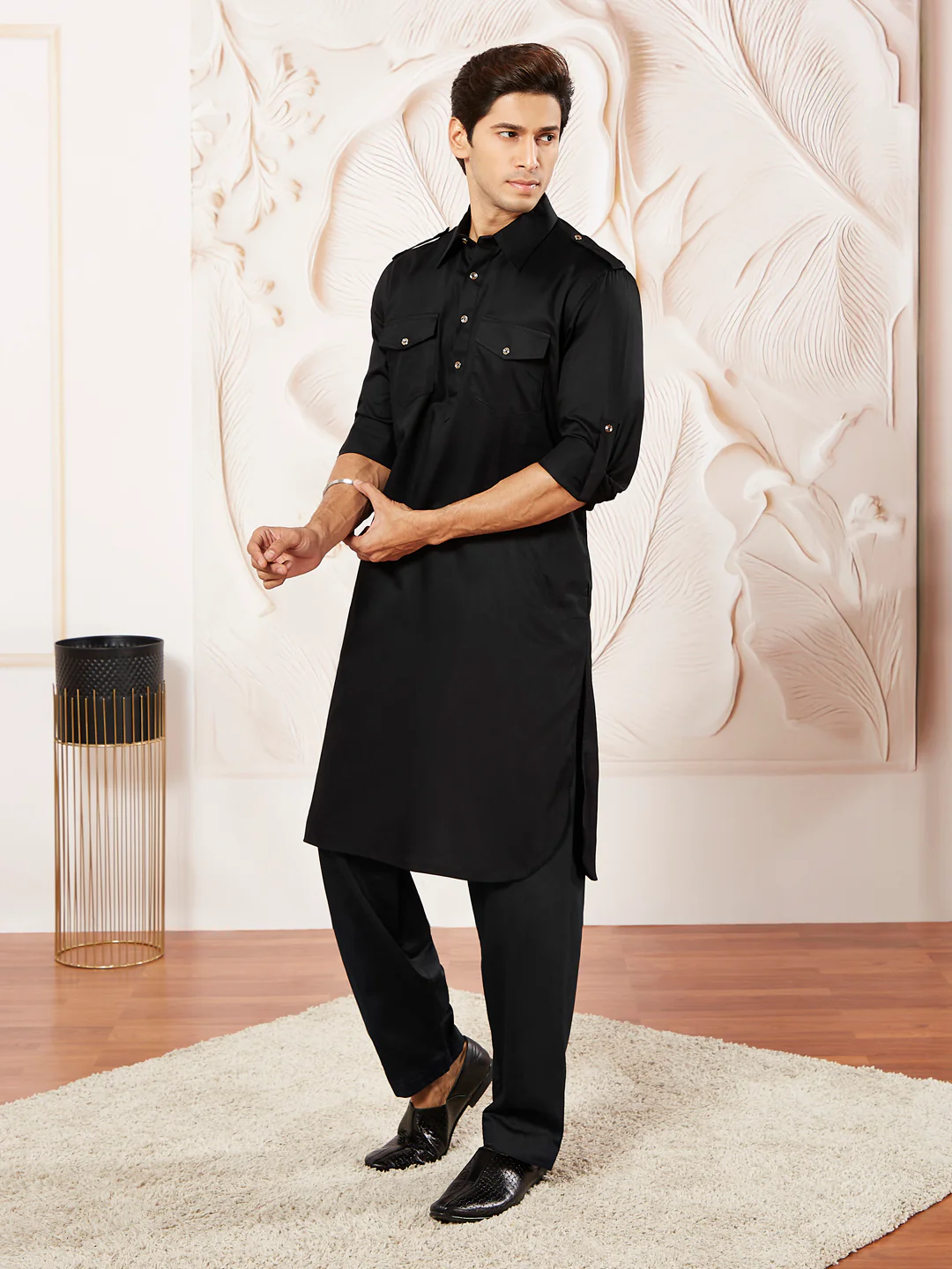 Men's Black Cotton Pathani Suit Set - Image 5