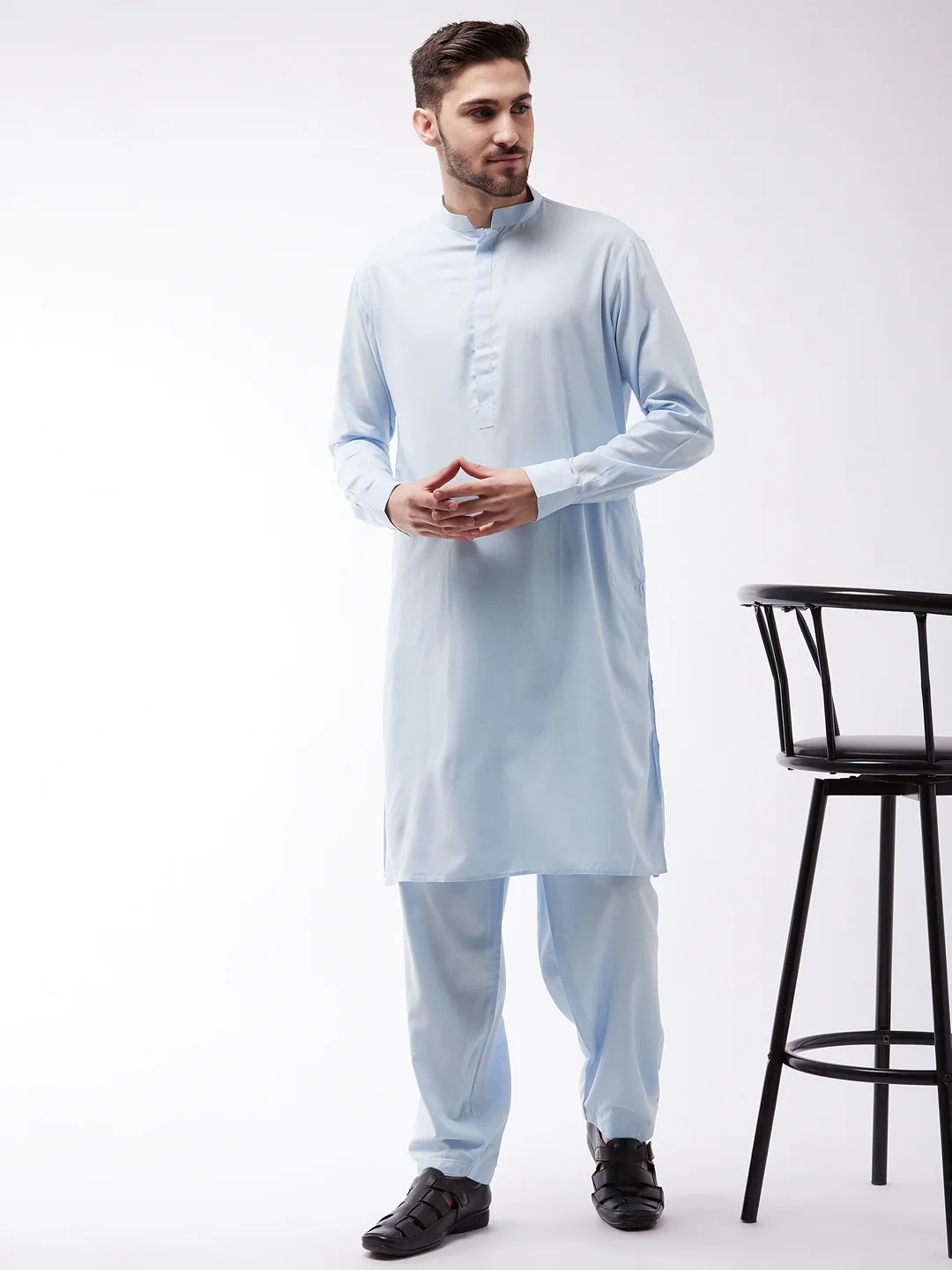 Men's Blue Cotton Blend Kurta and Pyjama Set - Image 6