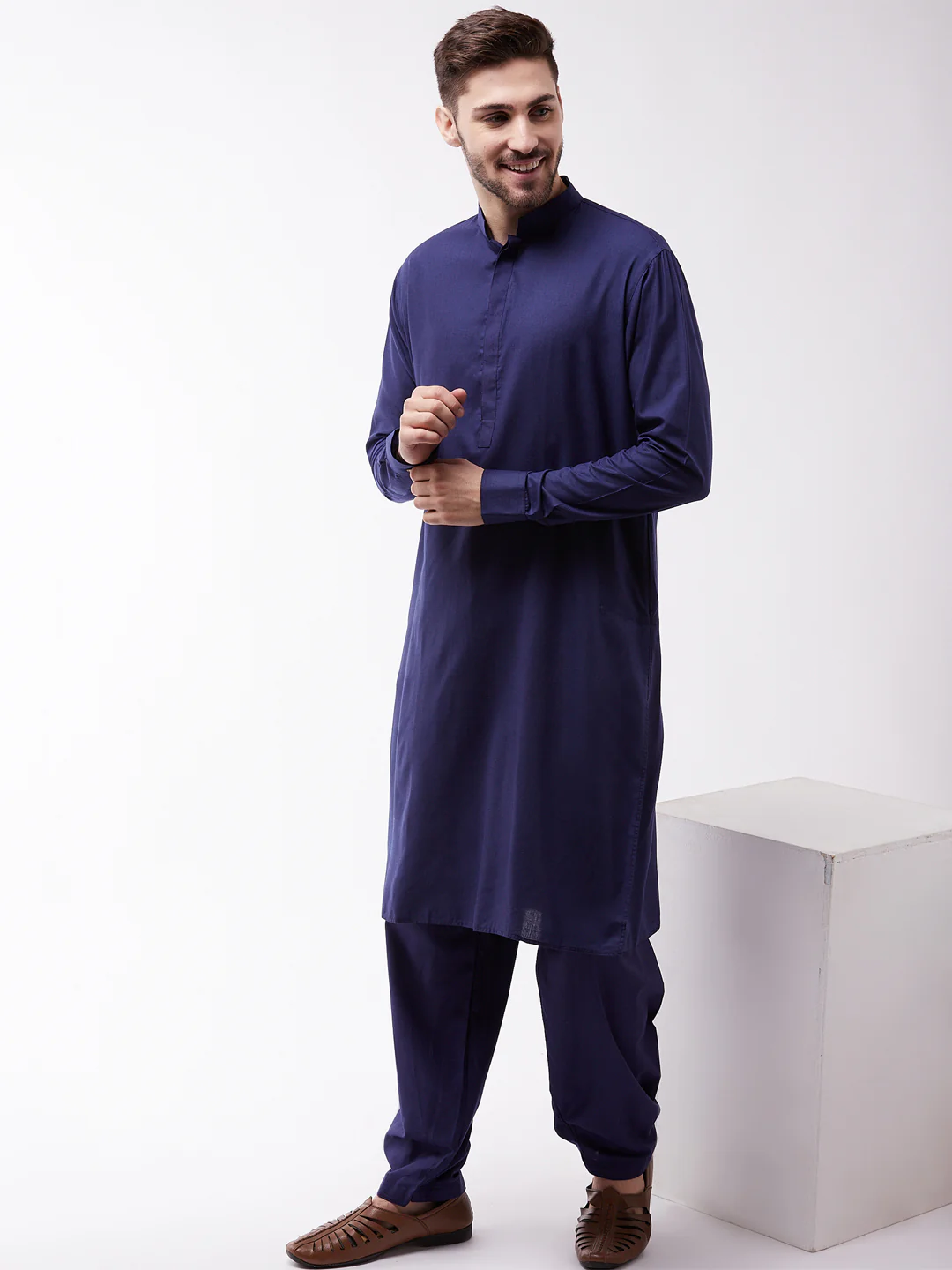 Men's Blue Cotton Blend Kurta and Pyjama Set - Image 6