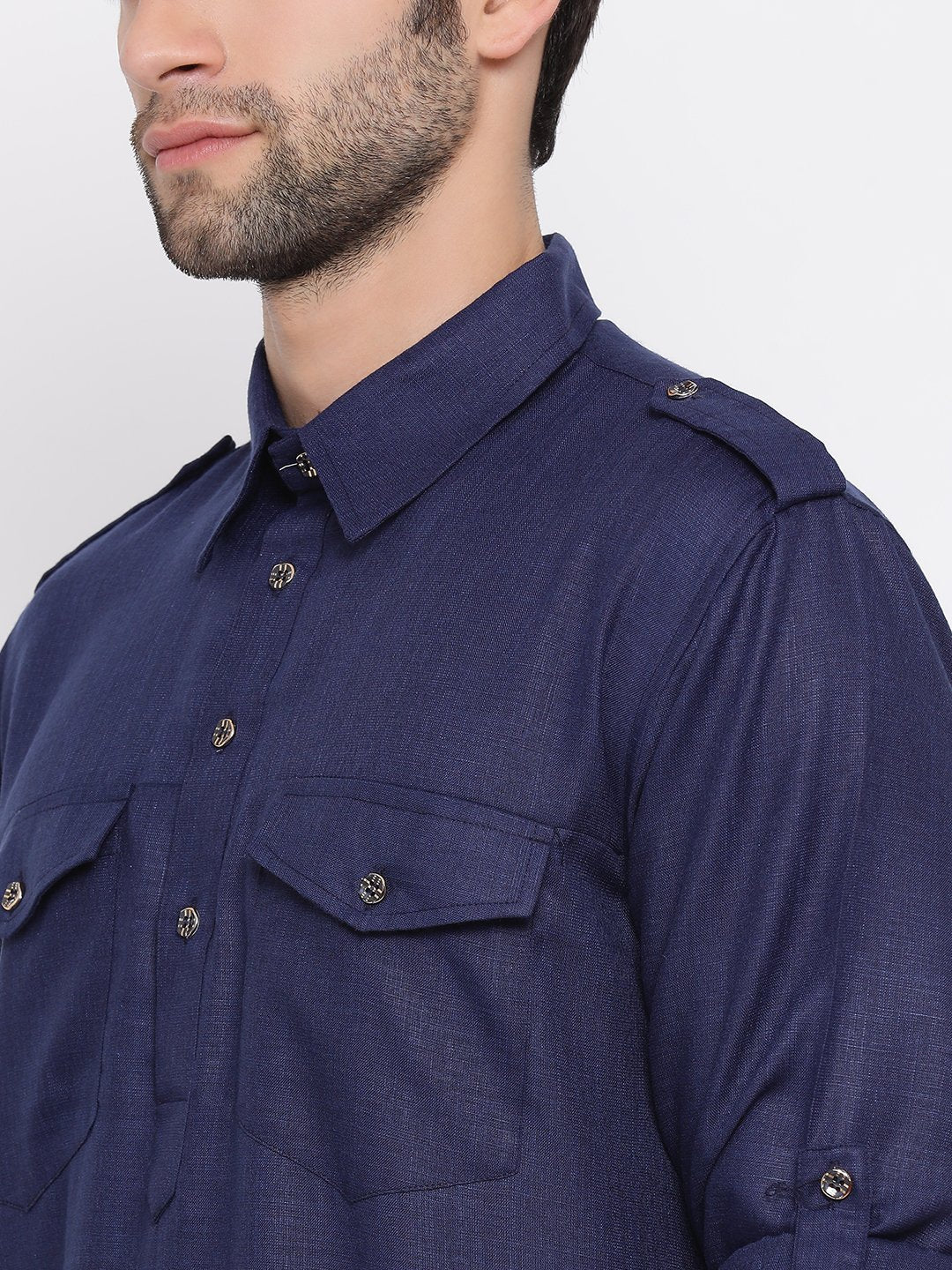 Men's Blue Cotton Blend Pathani Style Kurta - Image 3