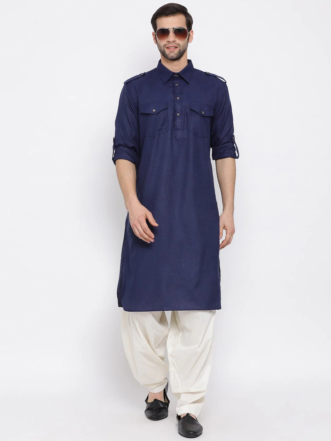 Men's Blue Cotton Blend Pathani Style Kurta - Image 5