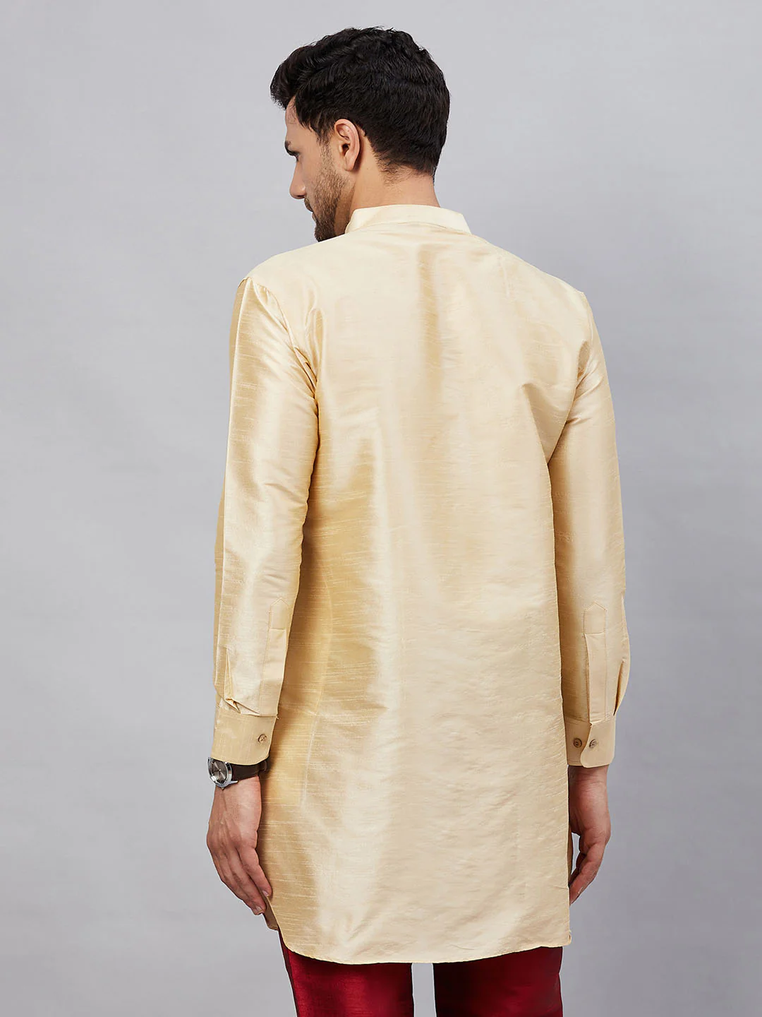 Men's Gold Silk Blend Curved Kurta - Image 3